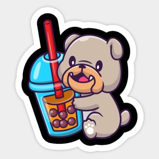 Cute Bulldog With Bubble Milk Tea Cartoon Sticker